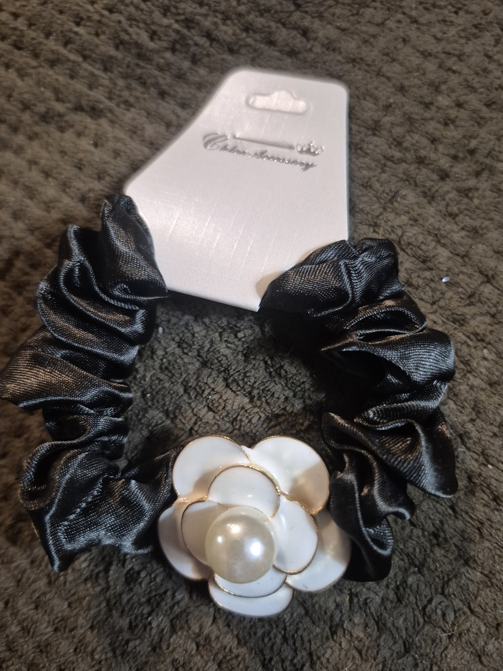 Chloe Black Satin Scrunchie with White Flower Pearl Accent